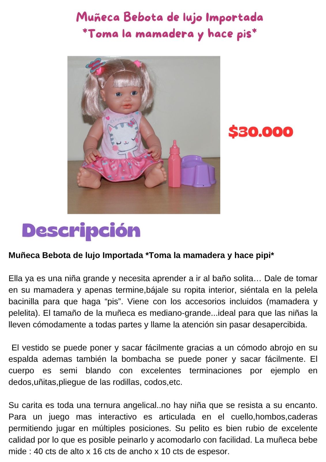 Muñeca Bebota de lujo Importada *Toma la mamadera y hace pis*