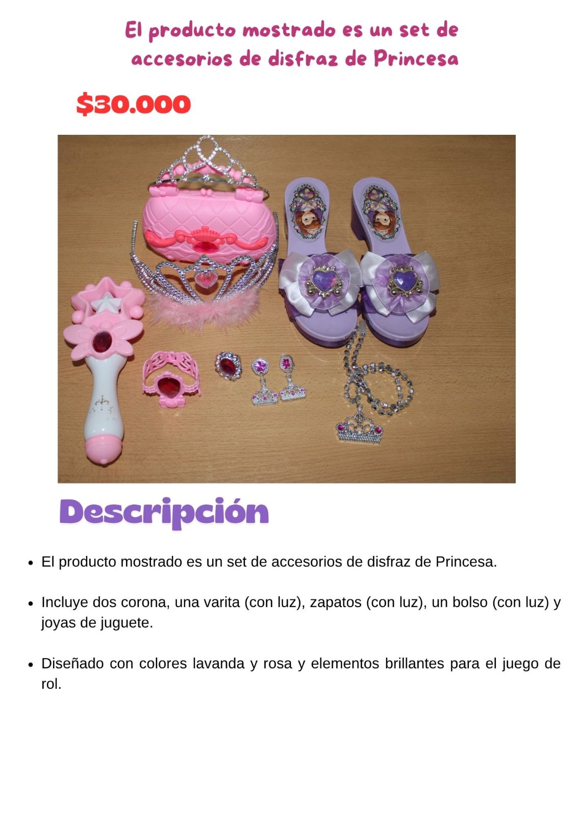 El producto mostrado es un set de accesorios de disfraz de Princesa
