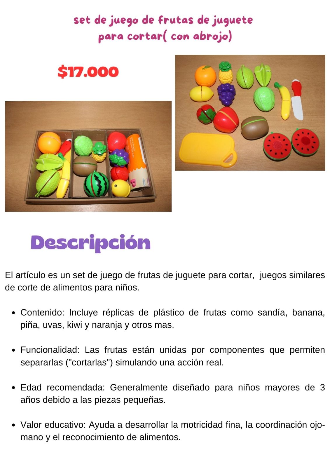 set de juego de frutas de juguete para cortar( con abrojo)