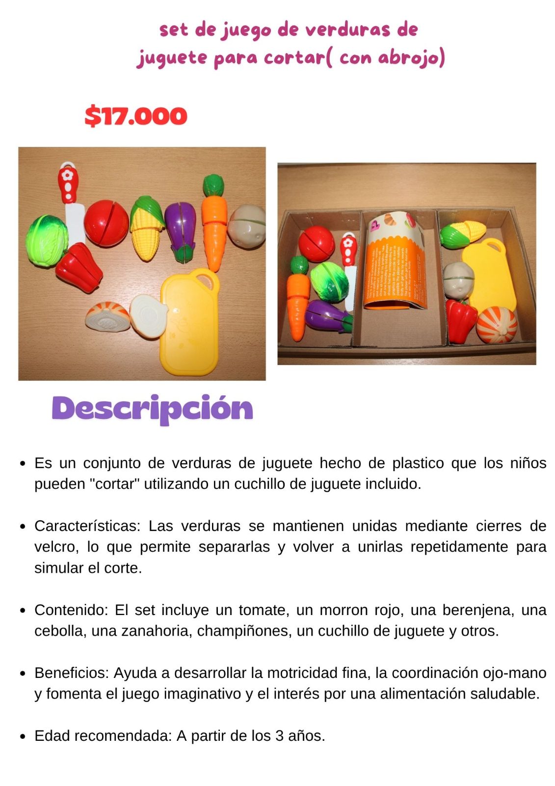 set de juego de verduras de juguete para cortar( con abrojo)