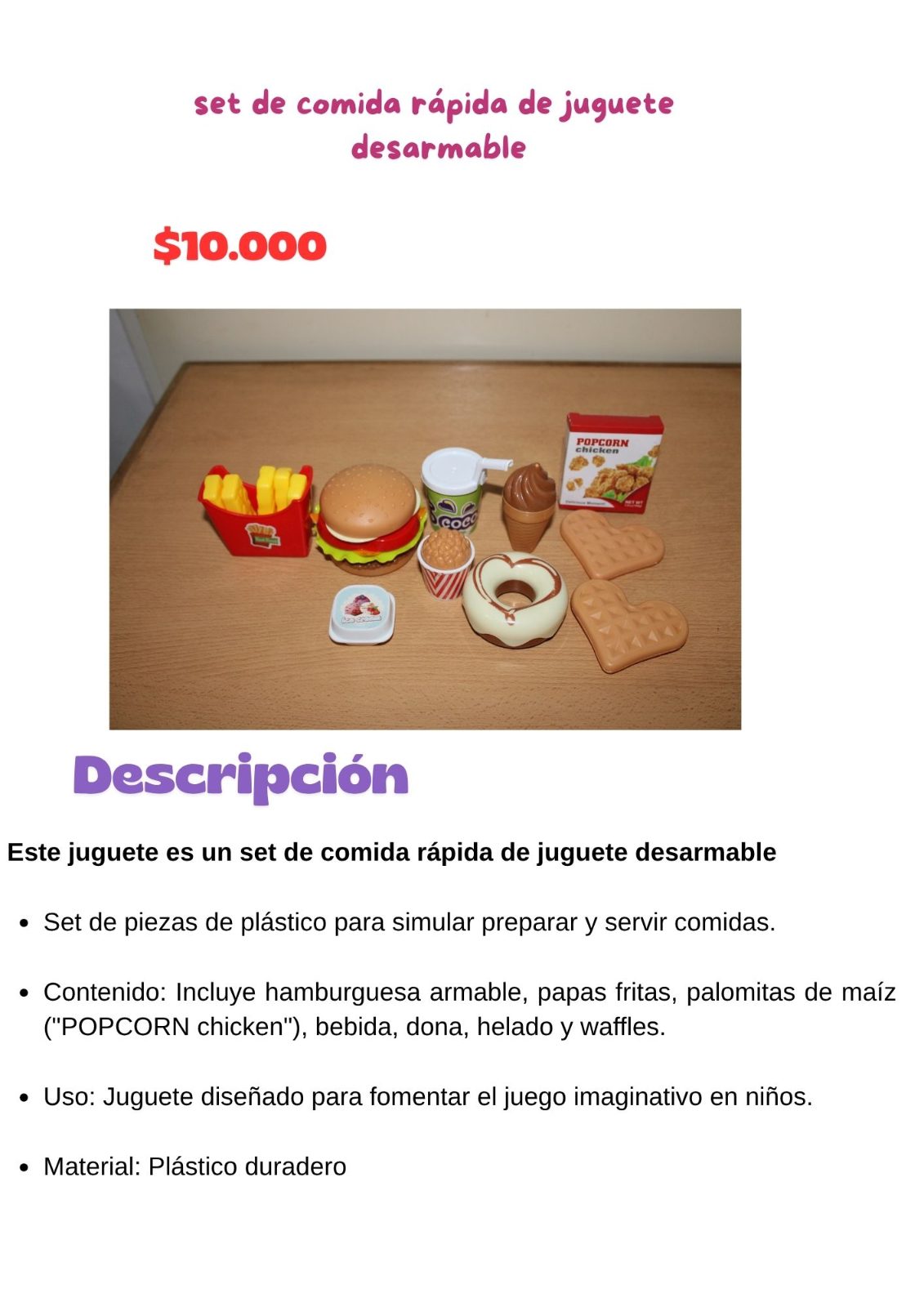 set de comida rápida de juguete desarmable