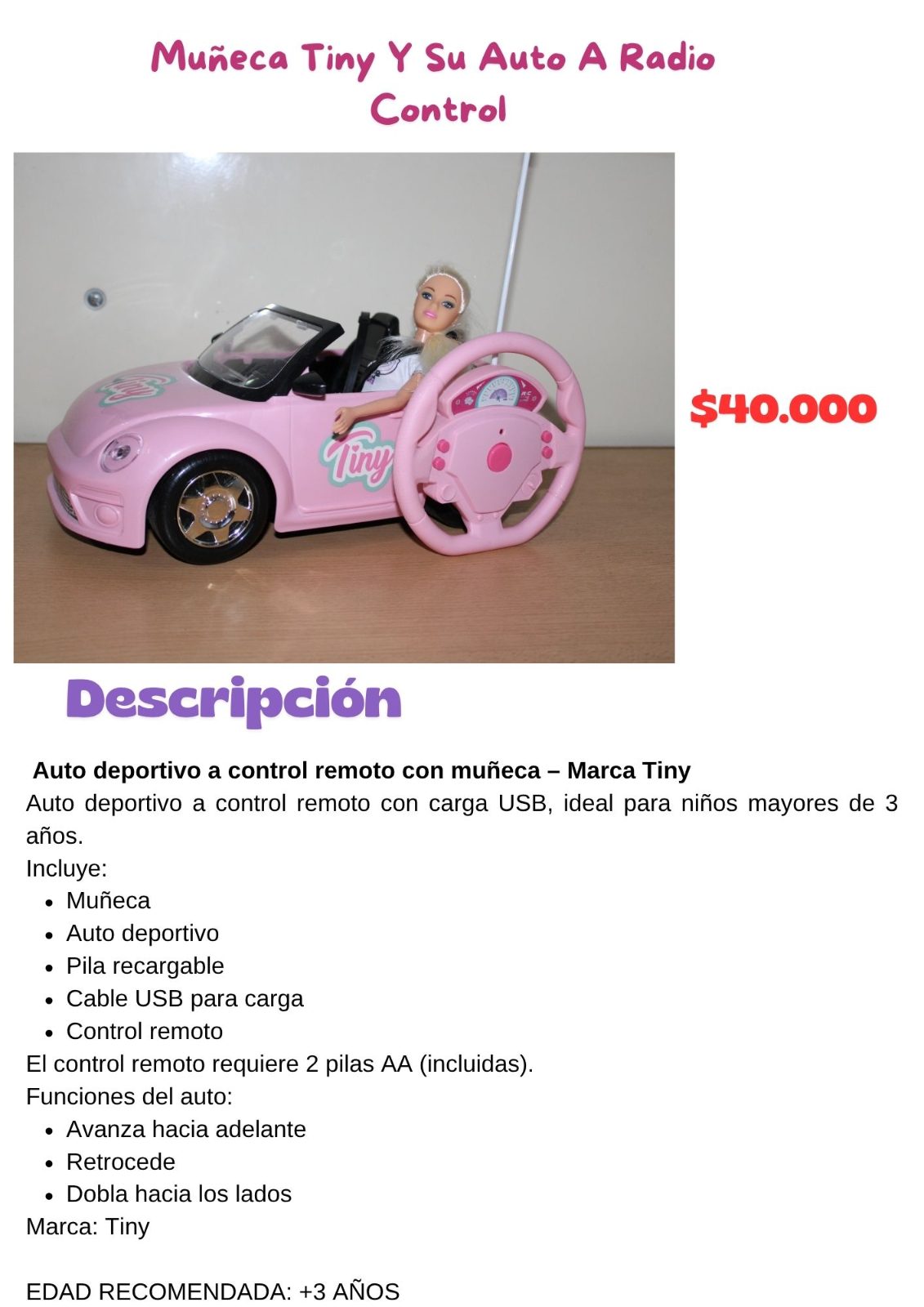 Muñeca Tiny Y Su Auto A Radio Control