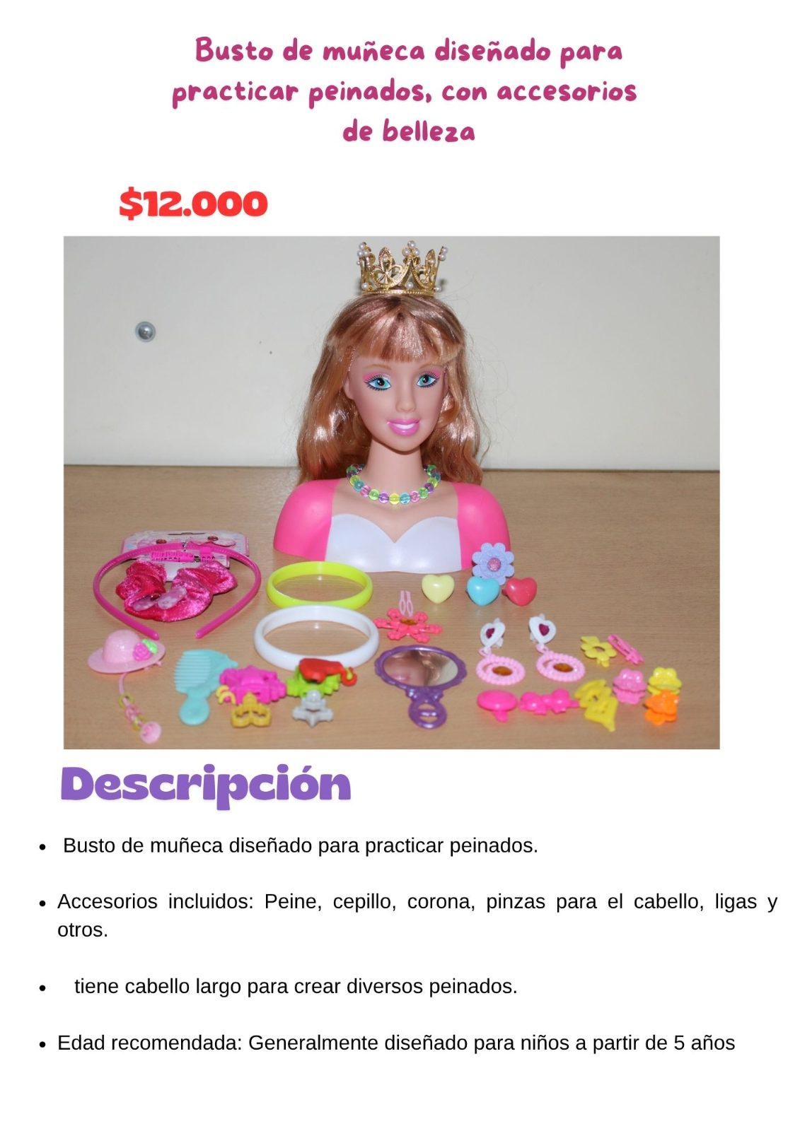 Busto de muñeca diseñado para practicar peinados, con accesorios de belleza