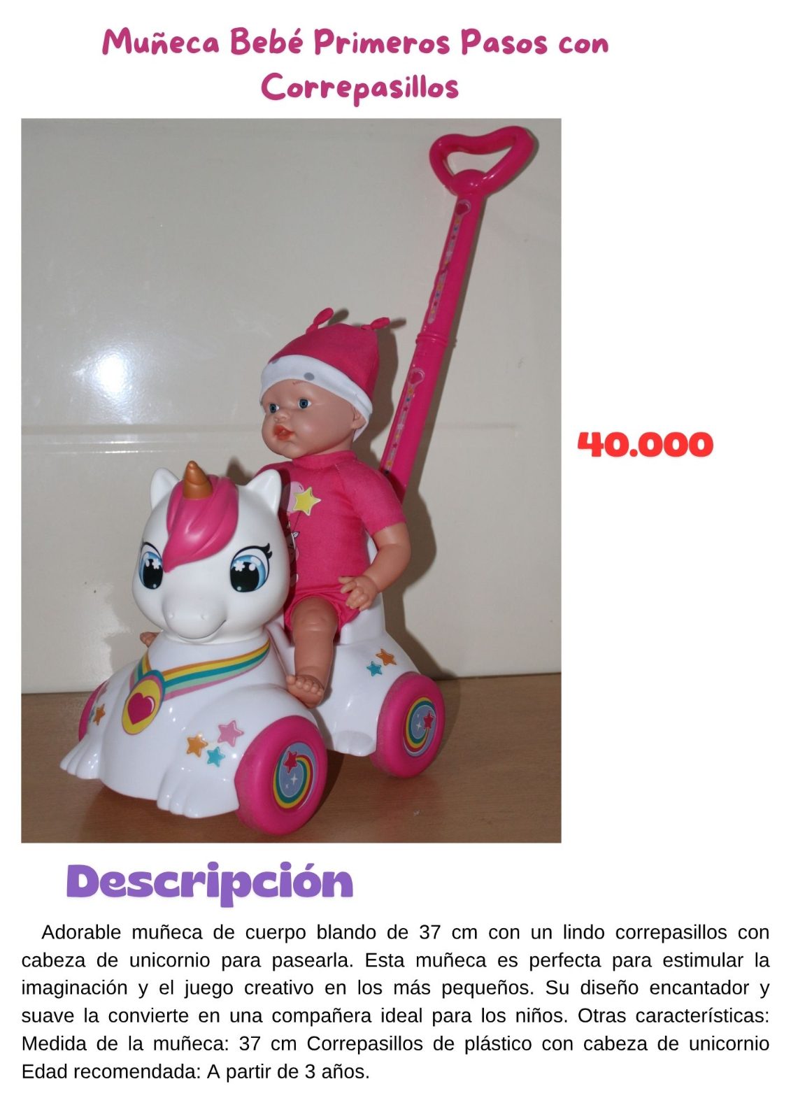 Muñeca Bebé Primeros Pasos con Correpasillos