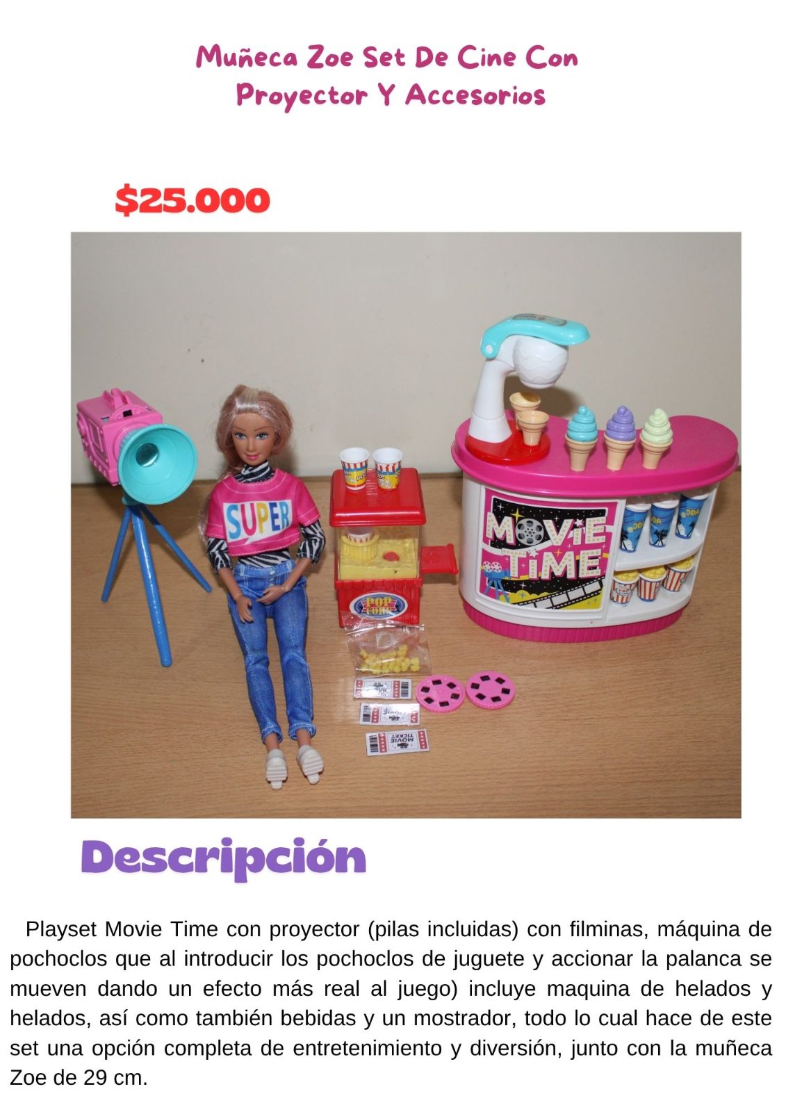 Muñeca Zoe Set De Cine Con Proyector Y Accesorios